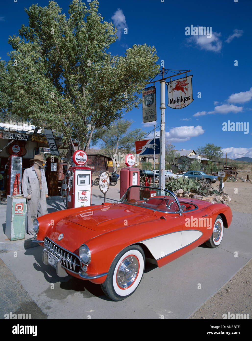 Route 66 / Gas Station with Red Chevrolet Corvette 1957 Car, Hackberry, Arizona, USA Stock Photo