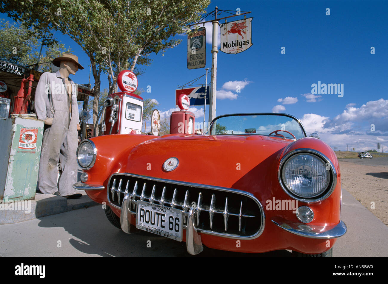Route 66 / Gas Station with Red Chevrolet Corvette 1957 Car, Hackberry, Arizona, USA Stock Photo