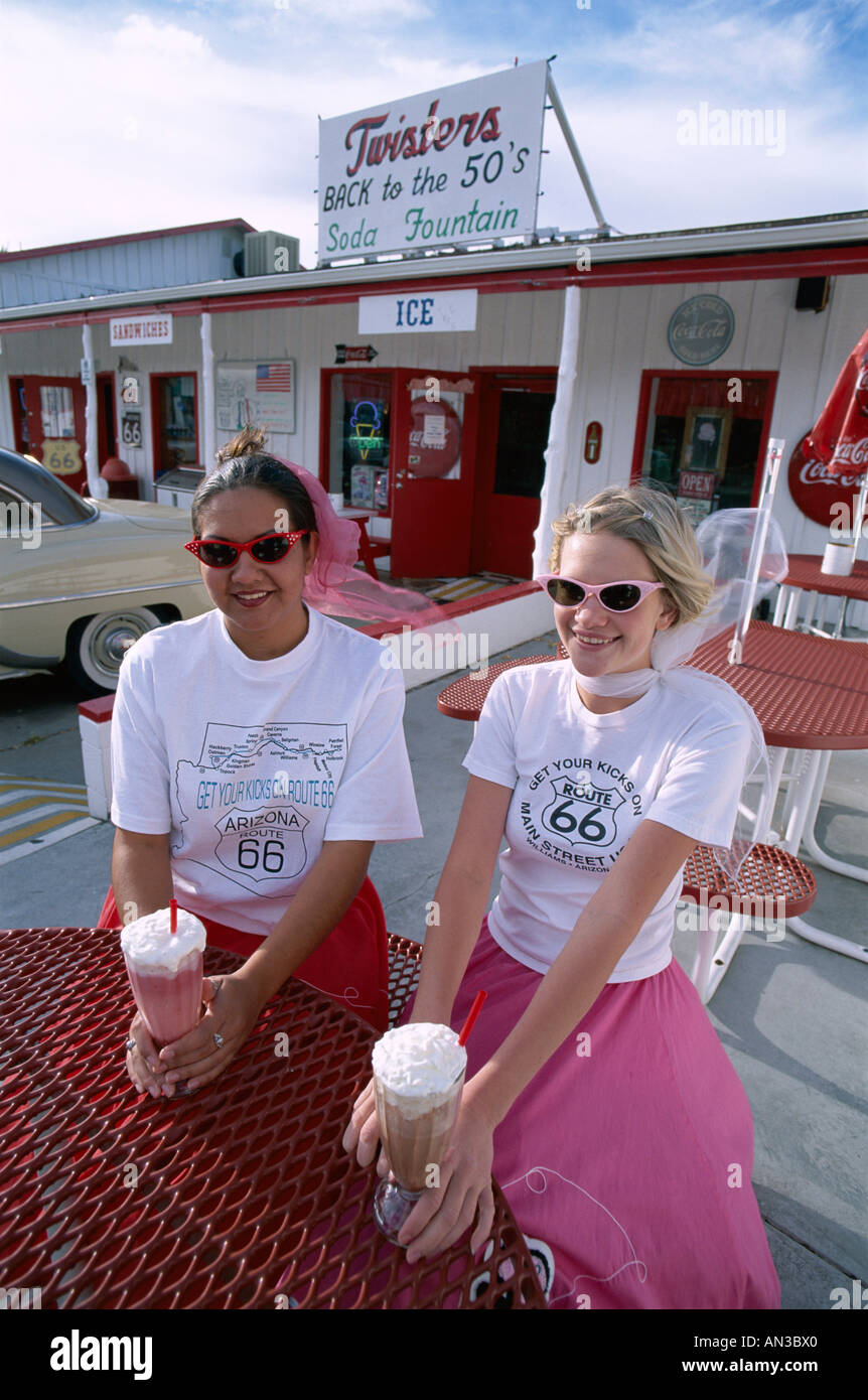 Route 66 / American Diner / Twisters Soda Fountain / Teenage Girls in  Fifties Dress with I, Williams, Arizona, USA Stock Photo - Alamy