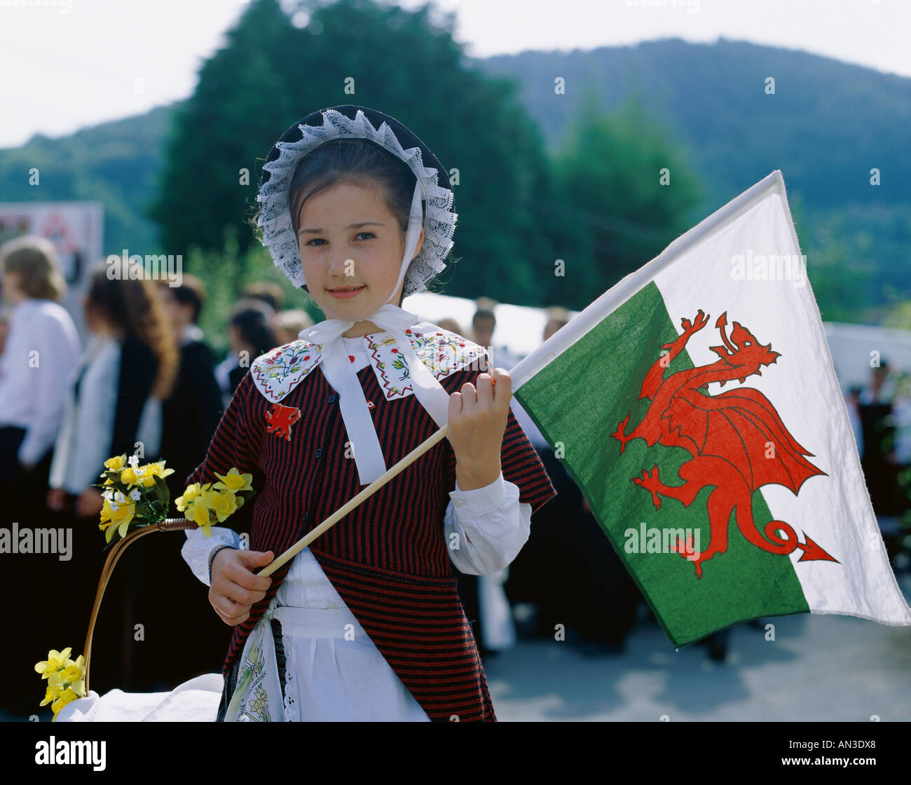Girl Dressed in Welsh Traditional / National Costume / Dress / Holding Welsh Flag, Wales Stock Photo