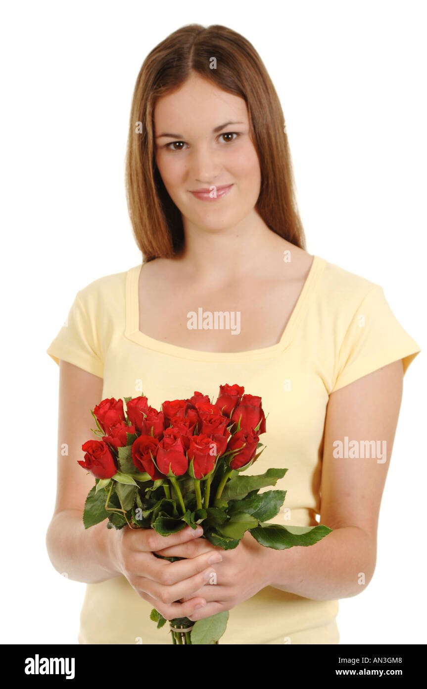 a teenage girl with a bunch of red roses Stock Photo - Alamy