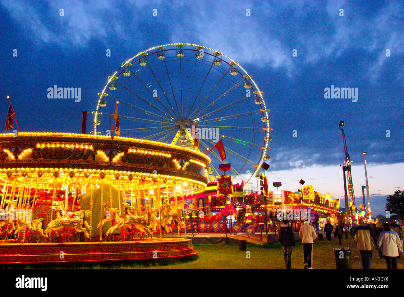 Newcastle Hoppings Fun Fair at Dusk, UK Stock Photo