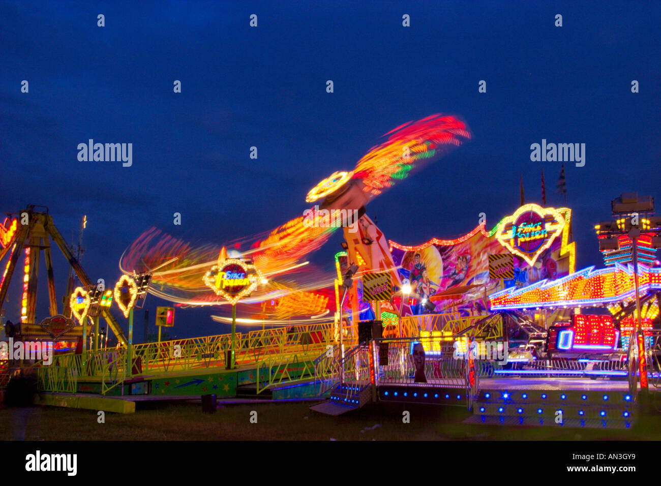 Newcastle Hoppings Fun Fair at Dusk, UK Stock Photo