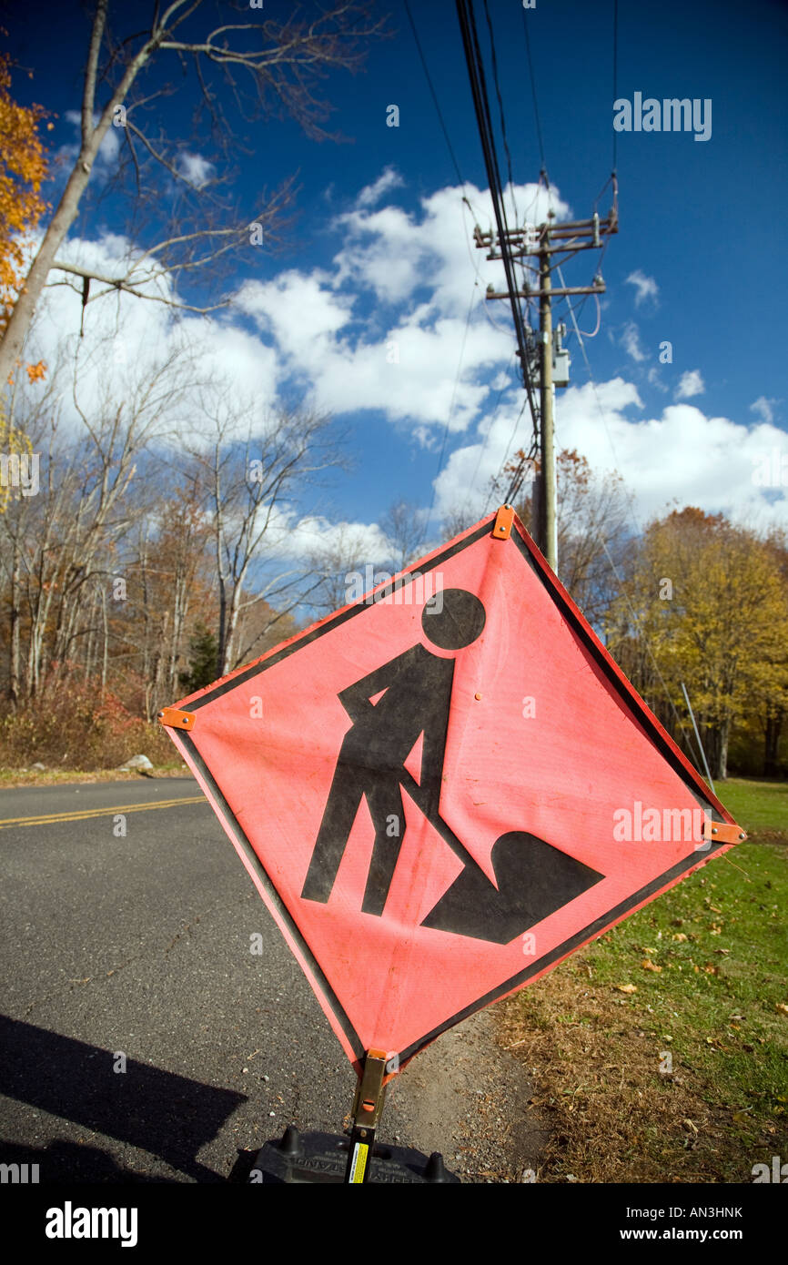 Men at work traffic sign on a secondary road, Connecticut, USA Stock Photo