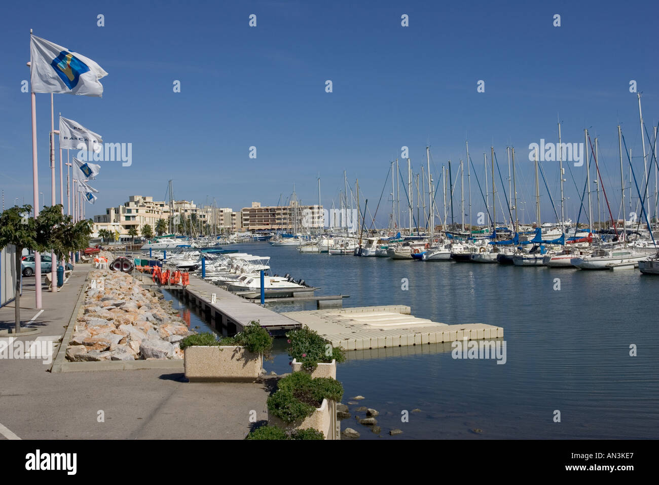 Yachts and launches in marina Port Barcares Perpignan southern France Stock Photo