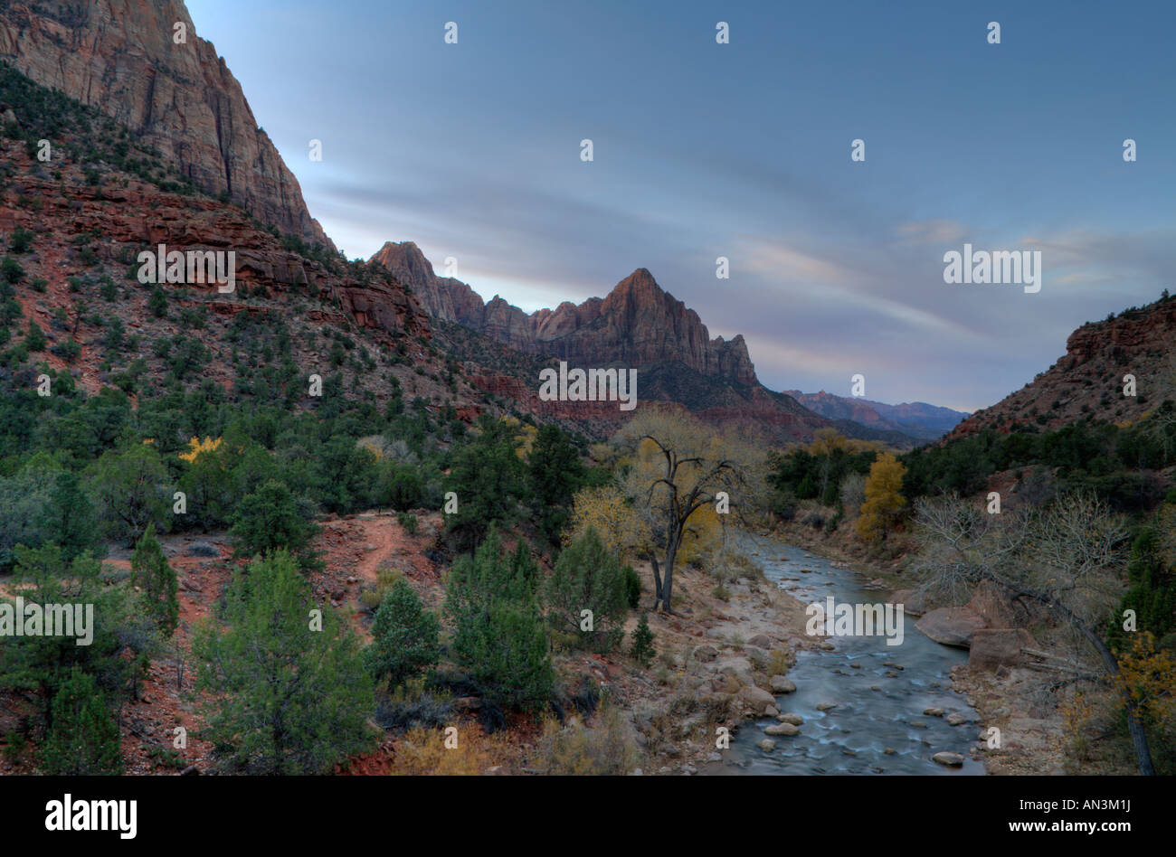 The virgin river flows through Zion National Park valley Stock Photo