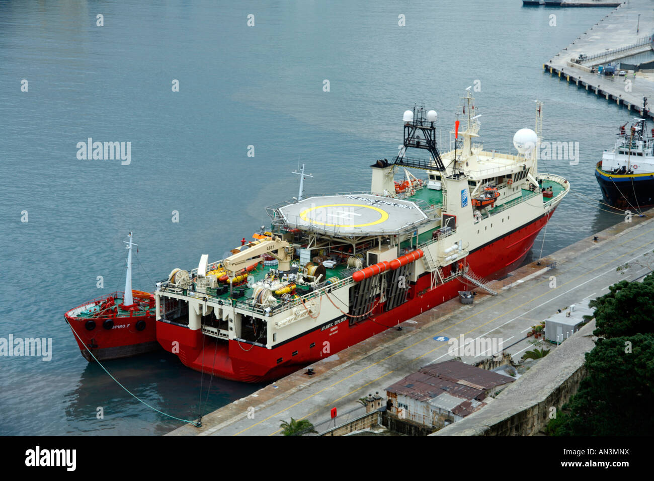 Seismic Research Vessel, Atlantic Explorer moored in Grand Harbour, Valletta, Malta Stock Photo