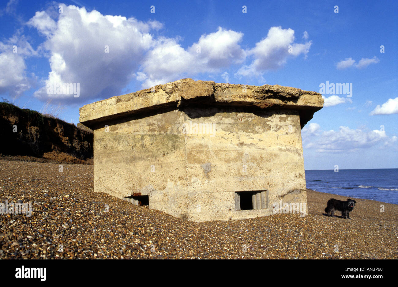 Second World War pillbox which has fallen on the beach due to coastal erosion at East Lane Bawdsey, Suffolk, UK. Stock Photo