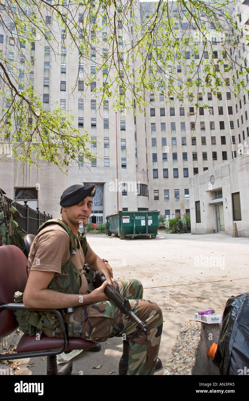 National Guardsman Outside Charity Hospital in New Orleans After Hurricane Katrina Stock Photo