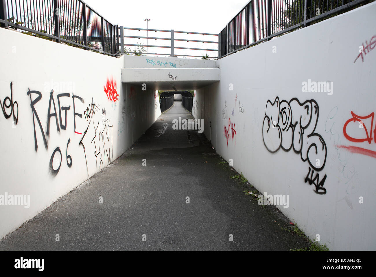 Graffiti on pedestrian underpass near exit 6 off M50 motorway, Dublin, Ireland Stock Photo