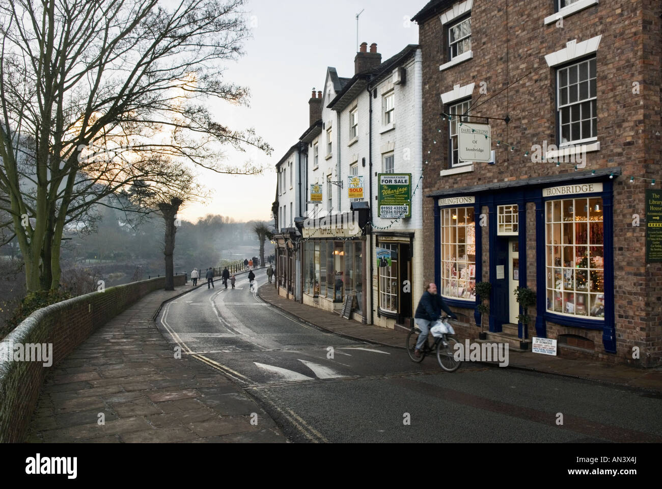 Evening light at Christmas, riverside, Ironbridge, Shropshire Stock Photo