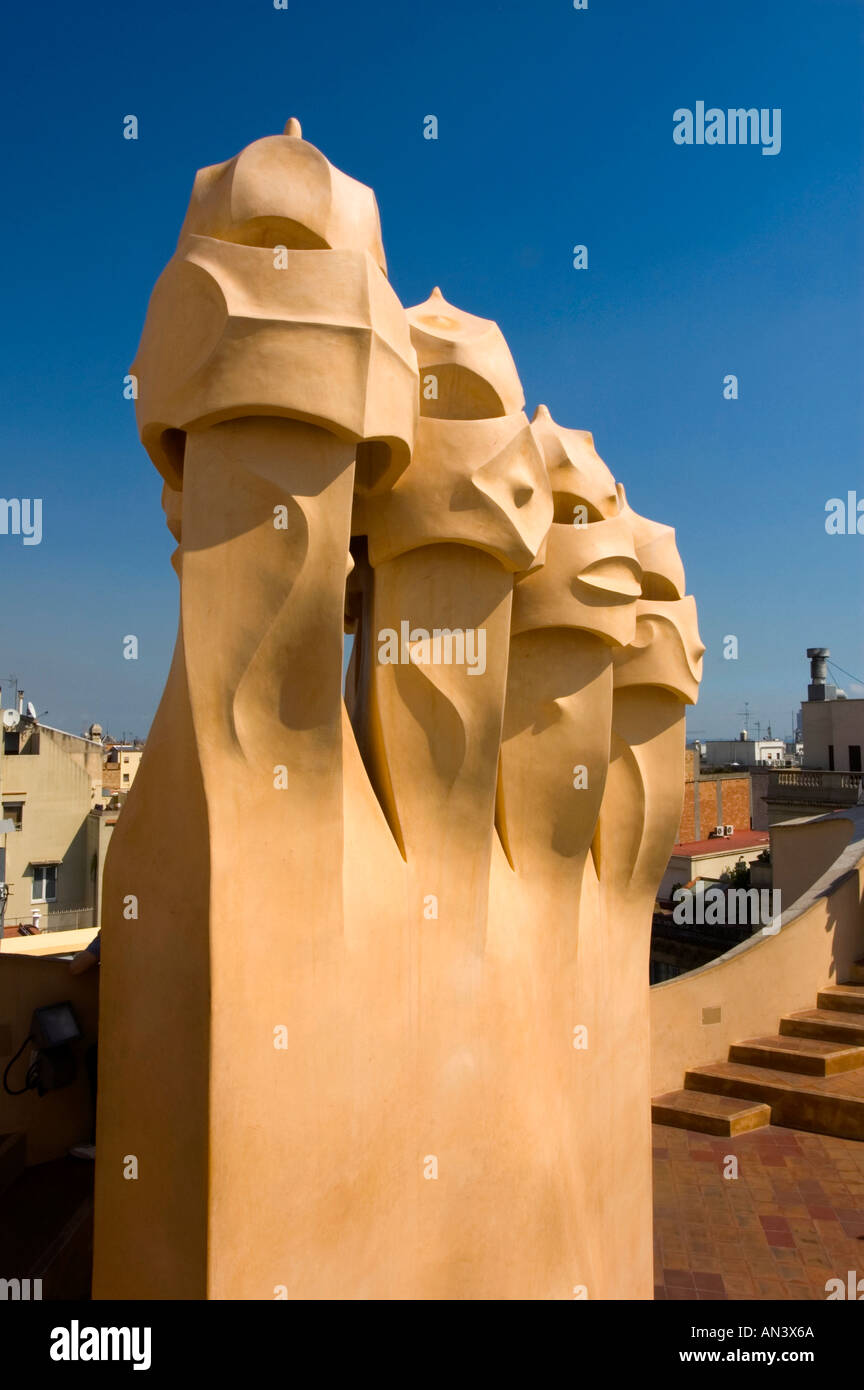 Chimneys on rooftop of La Pedrera designed by architect Antoni Gaudi ...