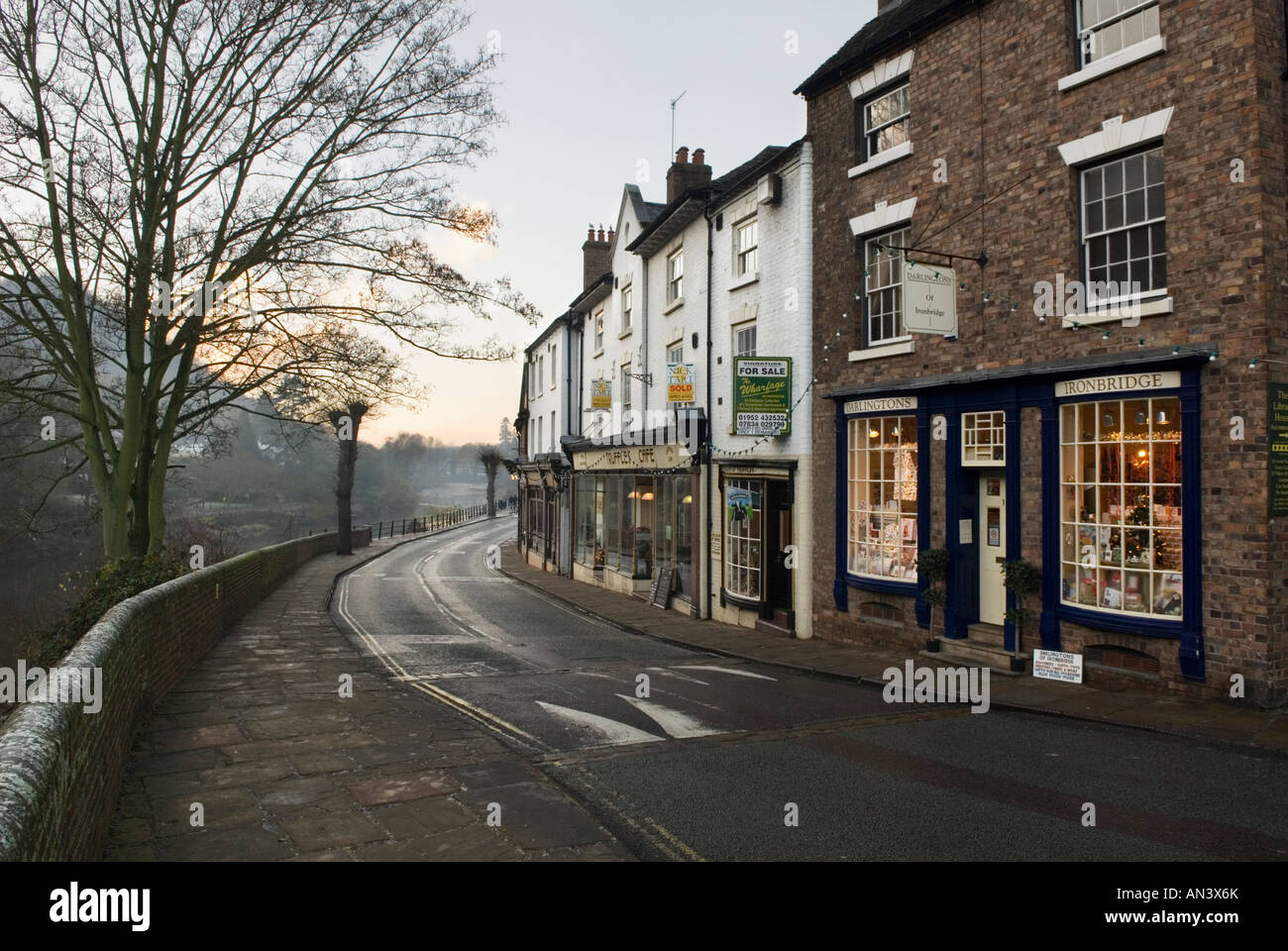 Evening light at Christmas, riverside, Ironbridge, Shropshire Stock Photo