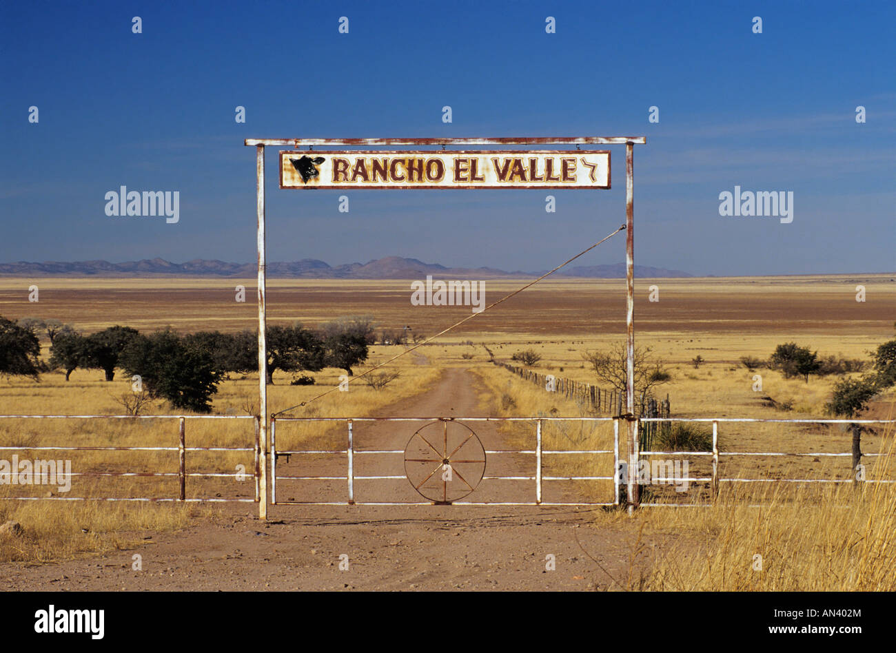 Ranch gate at Sonoran Desert near Agua Prieta, State of Sonora, Mexico Stock Photo