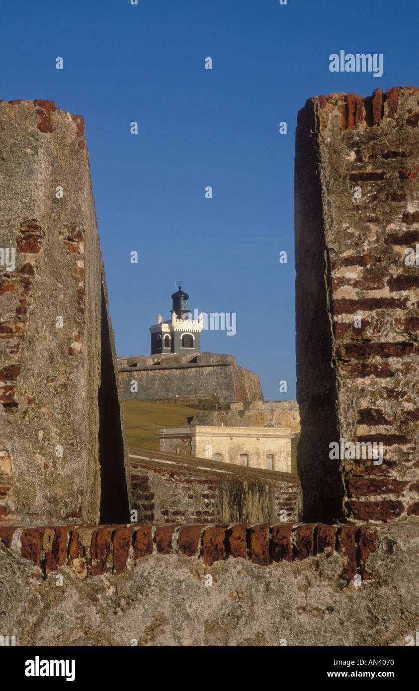 Old San Juan Puerto Rico El Morro lighthouse view through wall of historic fortress Stock Photo
