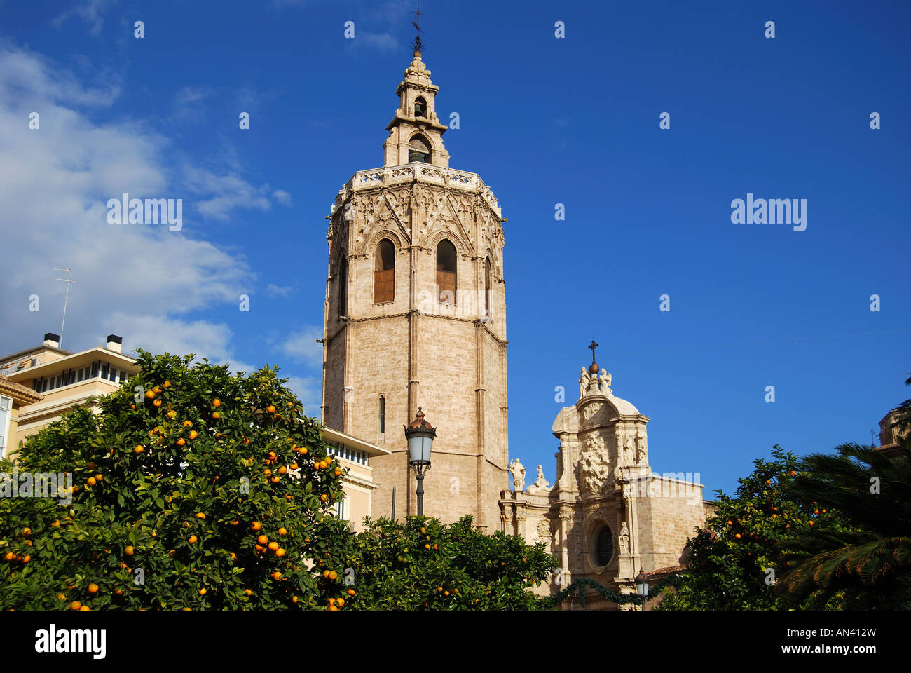The Cathedral and Belfry Tower, Plaza de La Reina, Valencia, Costa del Azahar, Valencia Province, Spain Stock Photo