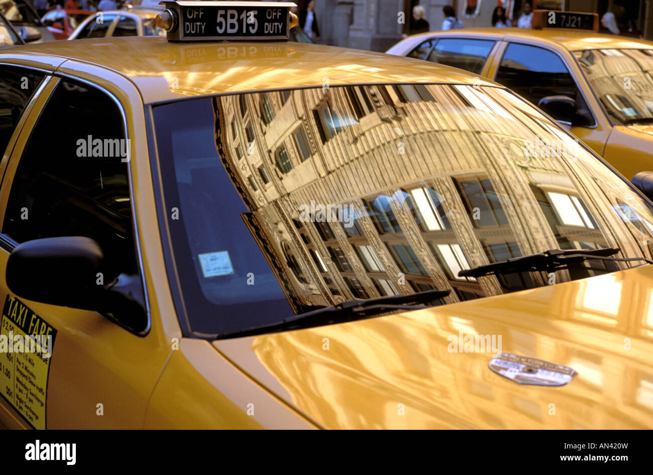 North America, USA, New York, New York City. Building exterior reflected in a taxi cab in Soho Stock Photo