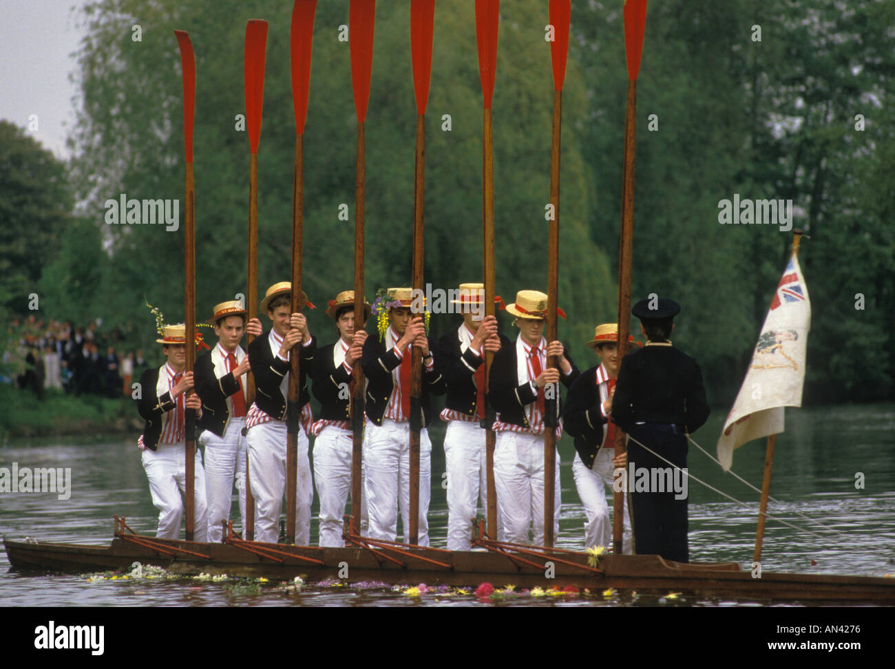 Procession of Boats on river Thames. Eton College school parents day  Berkshire. Fourth 4th of June 1980s 1985 UK HOMER SYKE Stock Photo