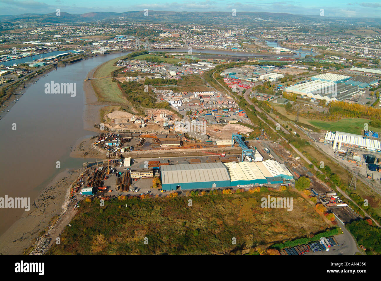 Aerial Newport Docks and River Usk Newport Gwent Wales UK AH3 Stock