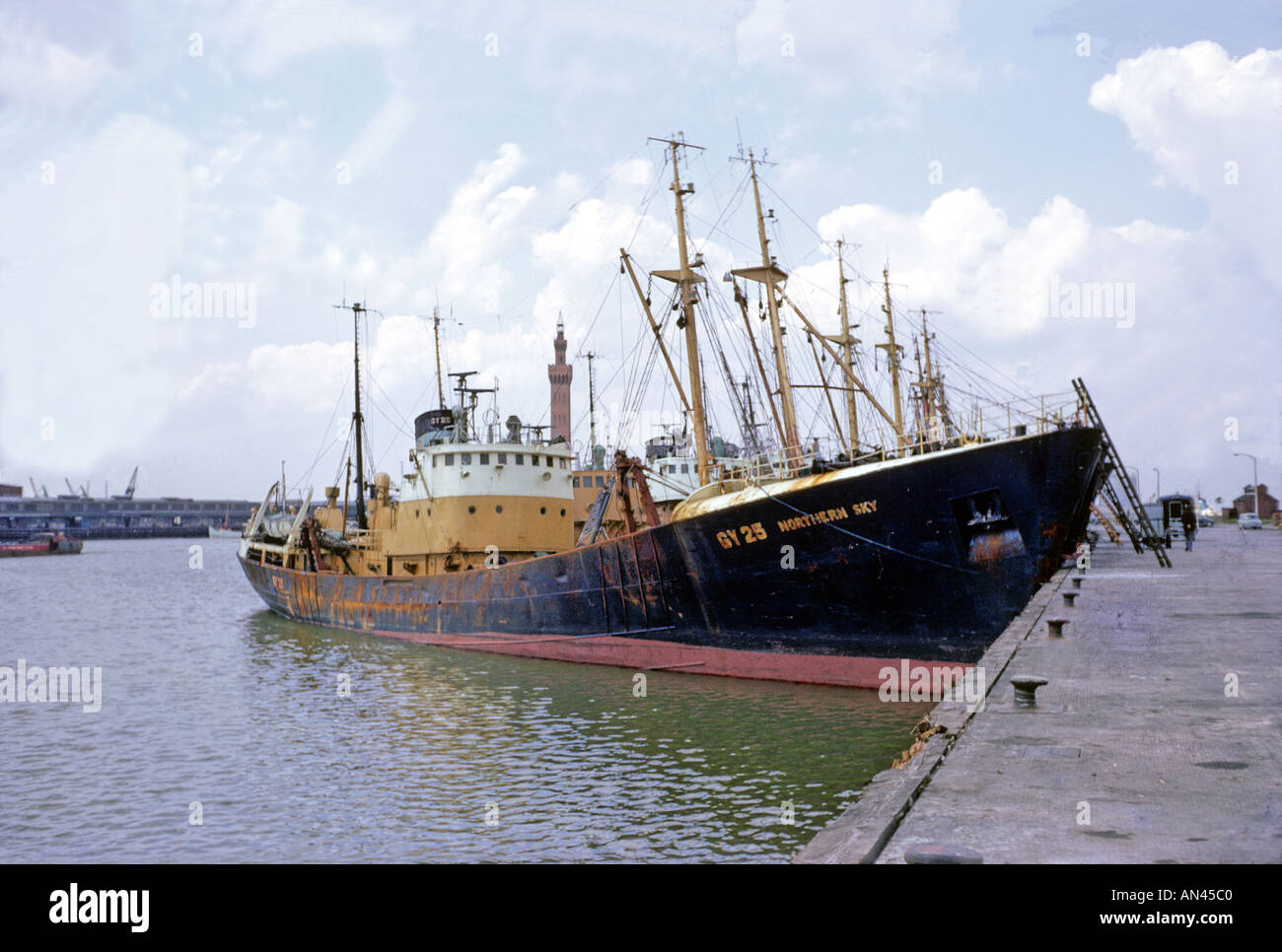 Grimsby Fishing Trawlers on North Wall of Grimsby Fish Docks. Circa