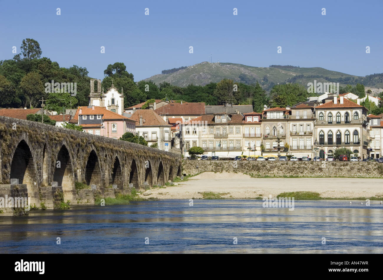 Portugal, Costa Verde, Ponte De Lima, Roman Bridge, River Lima & Town Stock Photo
