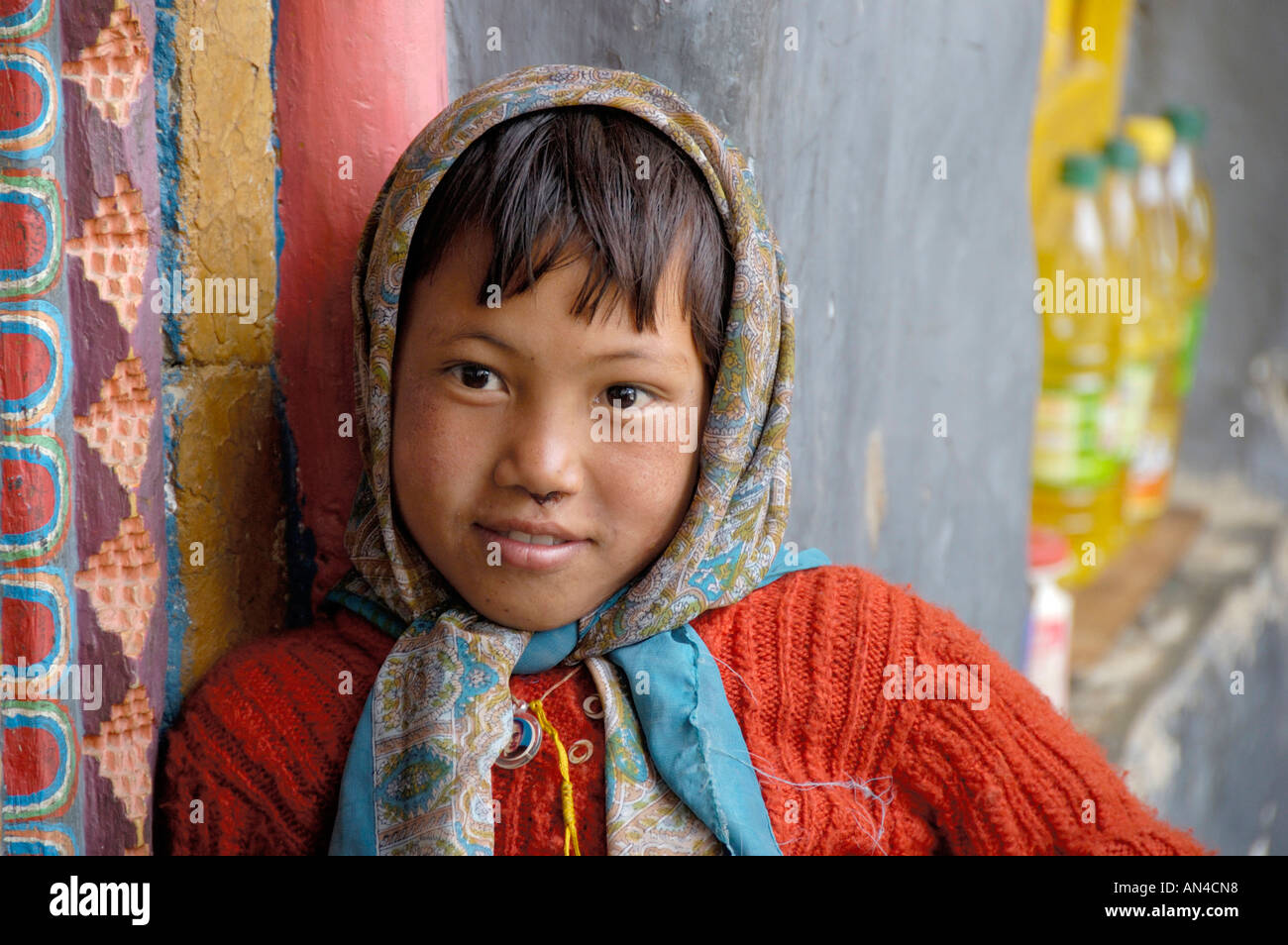 Girl Phuktal gompa Zanskar India Stock Photo