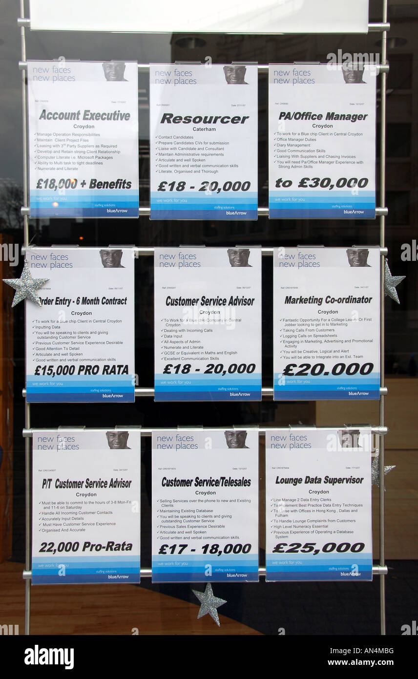 Jobs advertised in the window of a recruitment agency, Croydon, UK