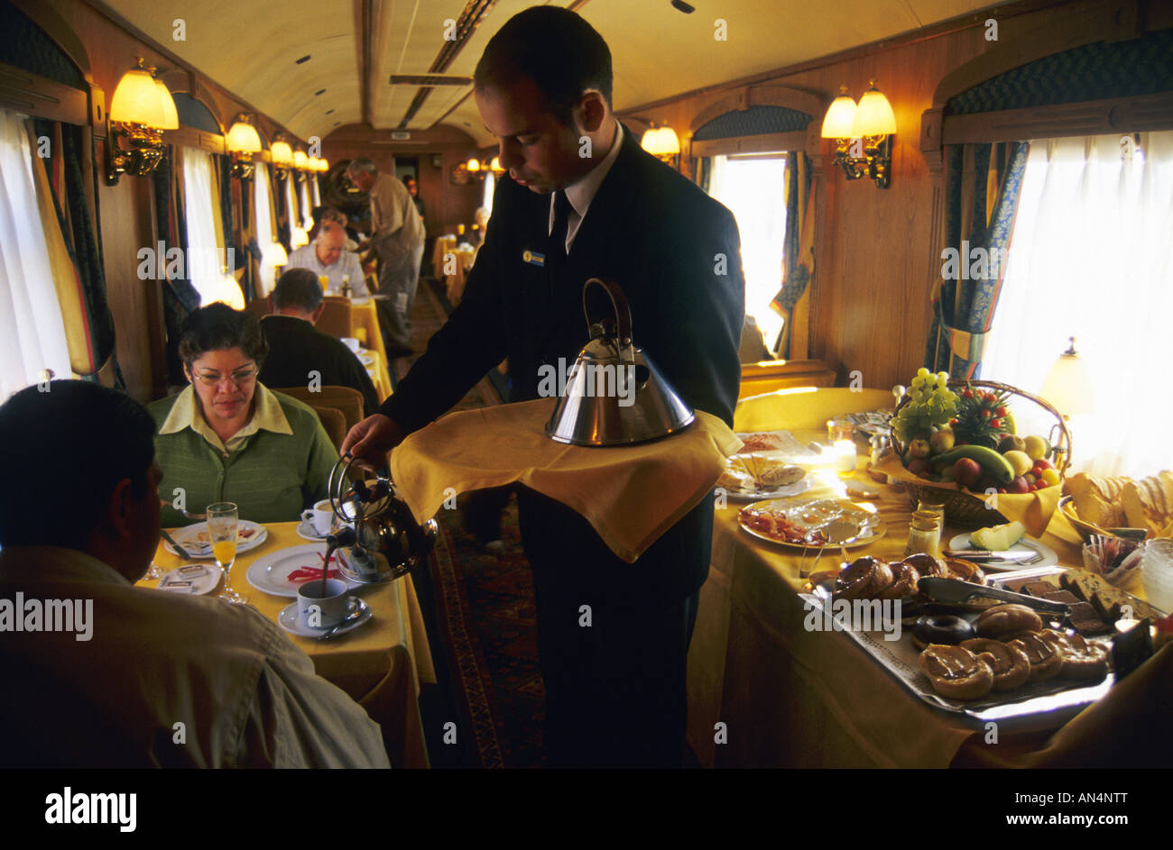 Breakfast in dining coach TRANSCANTABRIAN TRAIN through the north of SPAIN Stock Photo