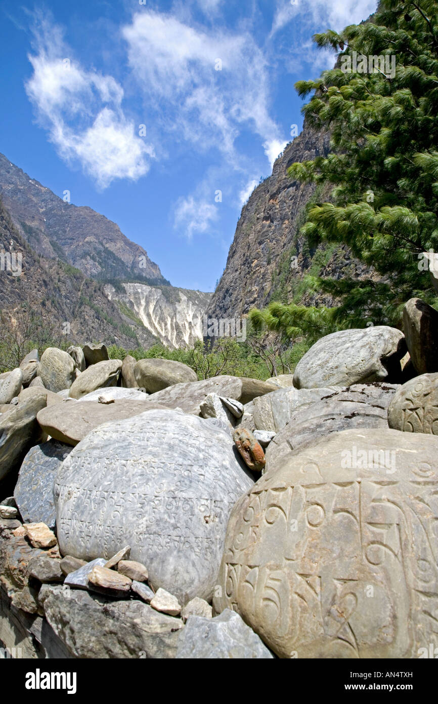 Stones with buddhist mantra om mani padme hum. Leaving Khotro village. Annapurna circuit trek. Nepal Stock Photo