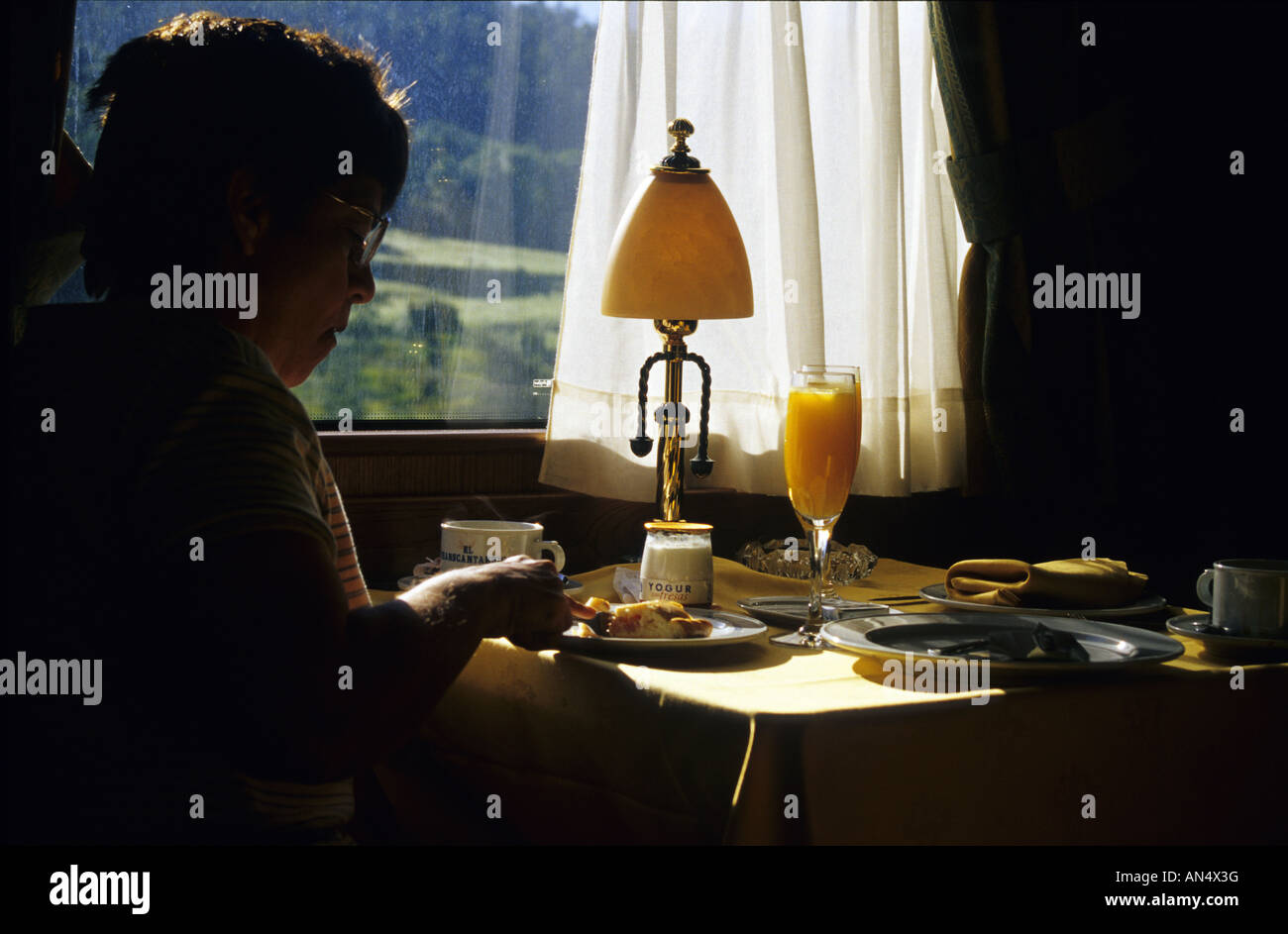 Breakfast in dining coach TRANSCANTABRIAN TRAIN through the north of SPAIN Stock Photo