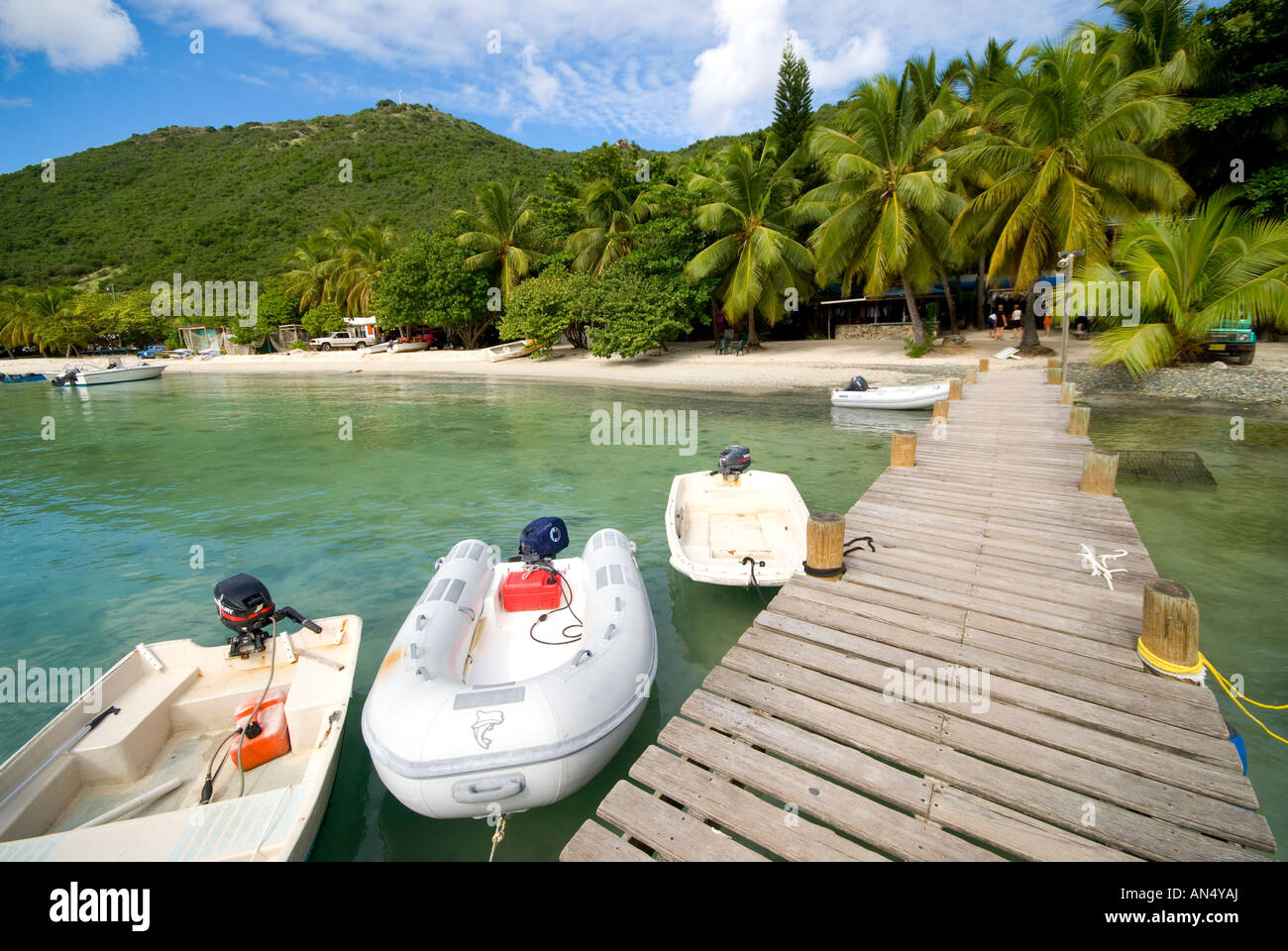 Jetty on Jost Van Dyke in the British Virgin Islands with dinghies