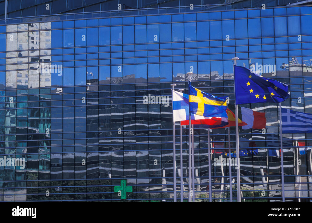 EU European flags reflected in a modern skyscraper building at La Defense Paris France EU Europe Stock Photo