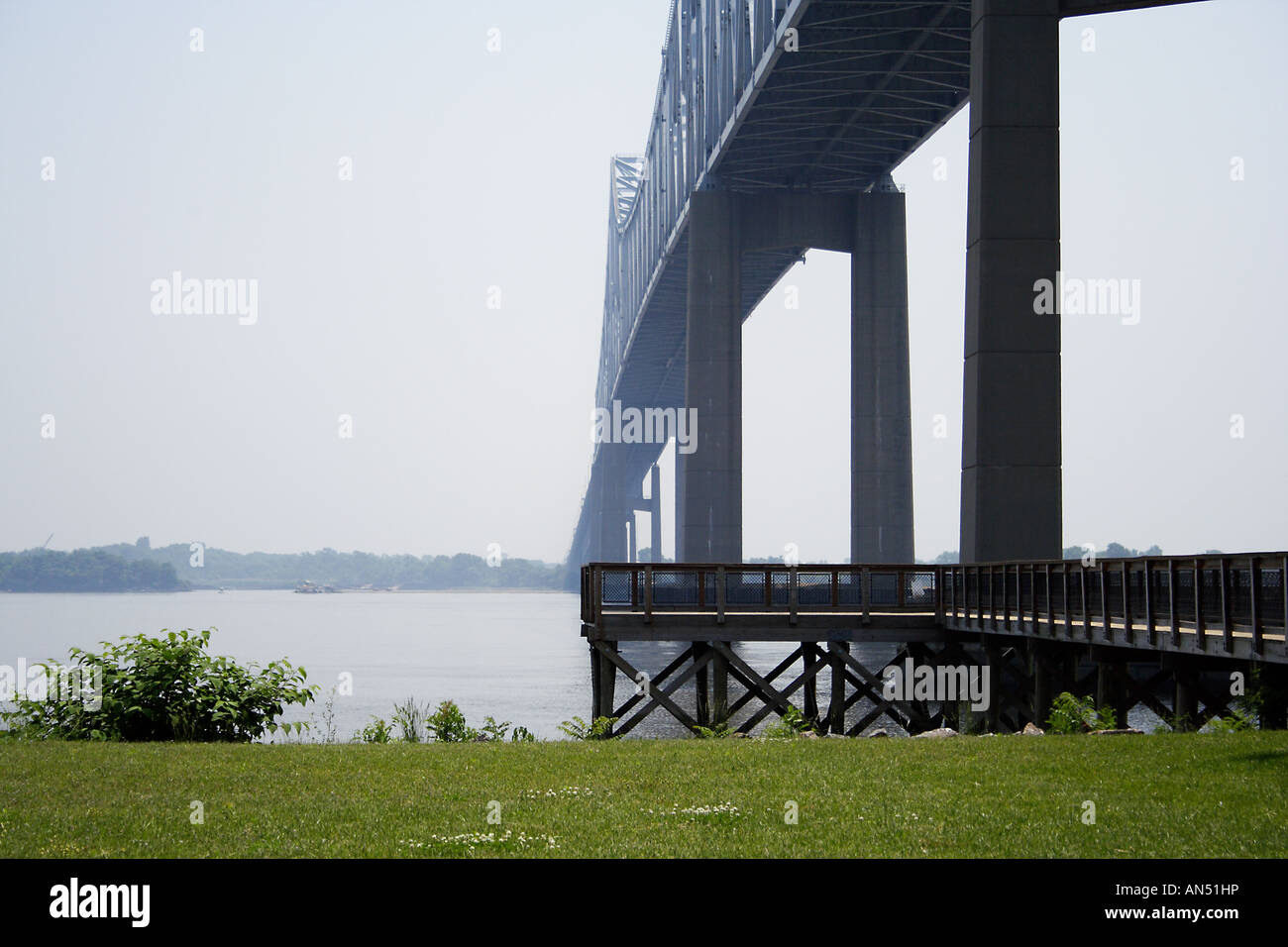 Pier under the Commodore John Barry Bridge in Philadelphia, PA Stock