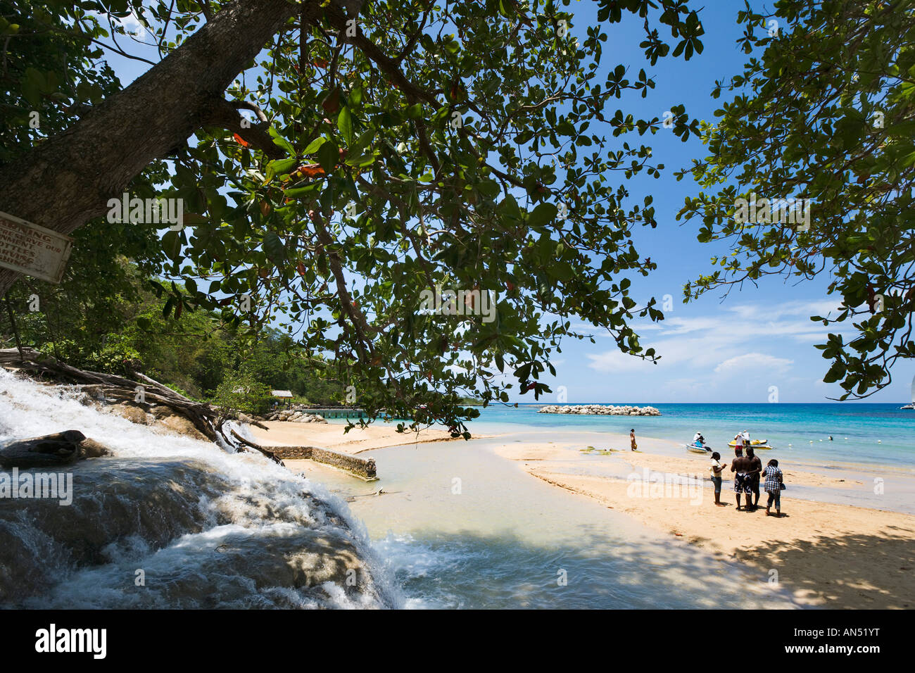 Outlet to the sea, Dunns River Falls, Ocho Rios, Jamaica, Caribbean, West Indies Stock Photo