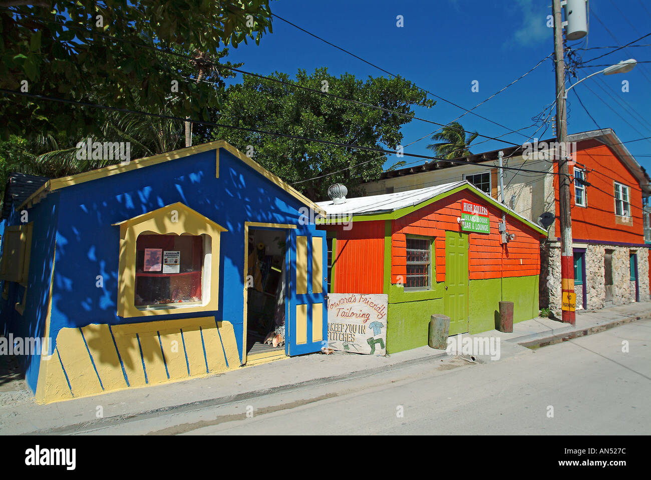 Colorful houses in a village of Bimini Island, Bahamas Stock Photo
