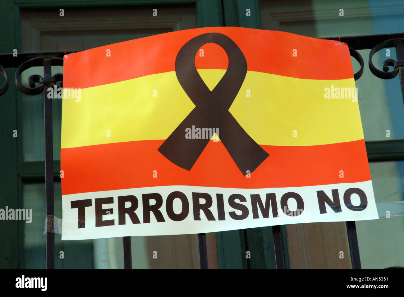 Anti Terrorism Flag Displayed in Southern Spain Stock Photo