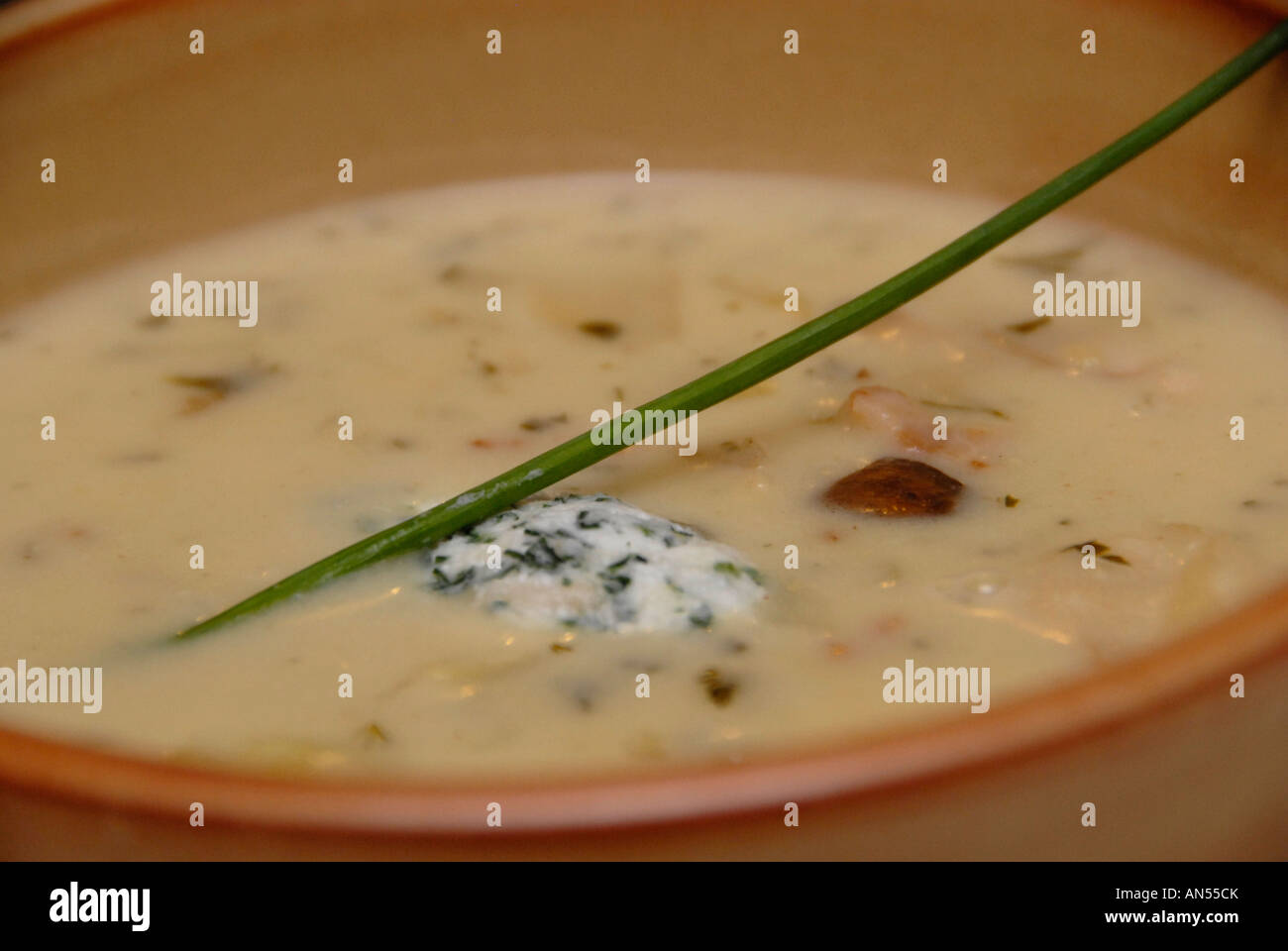A traditional Czech dish called Kulajda which is a  rich, creamy potato soup garnished with a single long chive. Czech republic Stock Photo