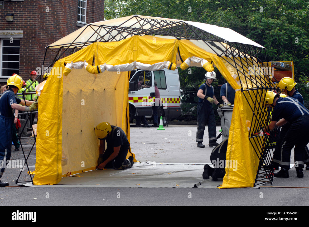 Decontamination shower unit used by emergency services taking part in a chemical or biological attack exercise, Britain, UK Stock Photo