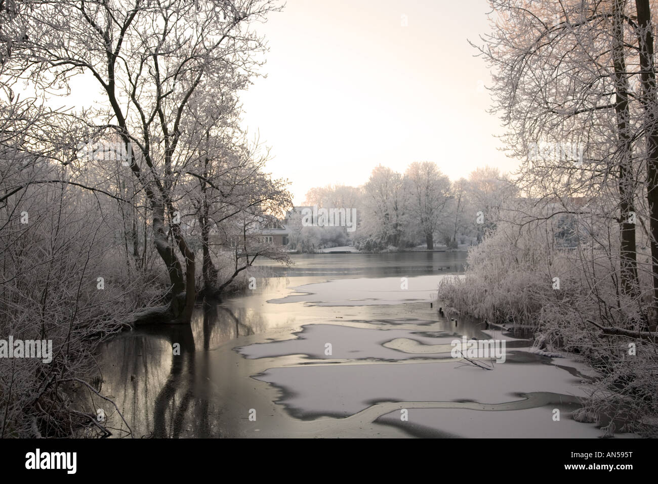 Vista along a partly frozen ditch bordered by frosted trees to a small lake, Alblasserdam, South-Holland, Netherlands Stock Photo