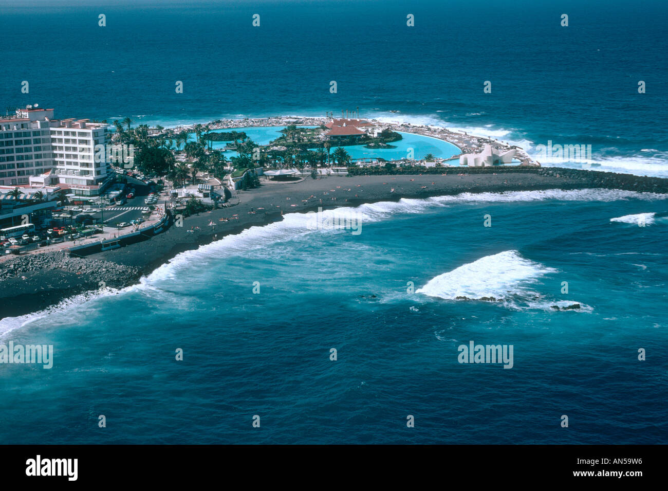 Martianez artificial Lake and Atlantic Ocean. Puerto de la Cruz. Tenerife Island. Canary Islands. Spain Stock Photo