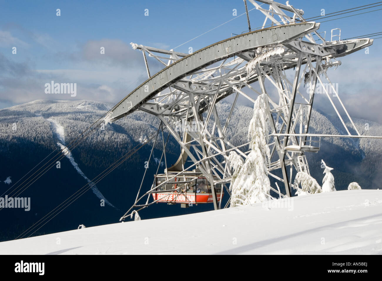 Grouse Mountain tram in winter, North Vancouver, British Columbia Stock