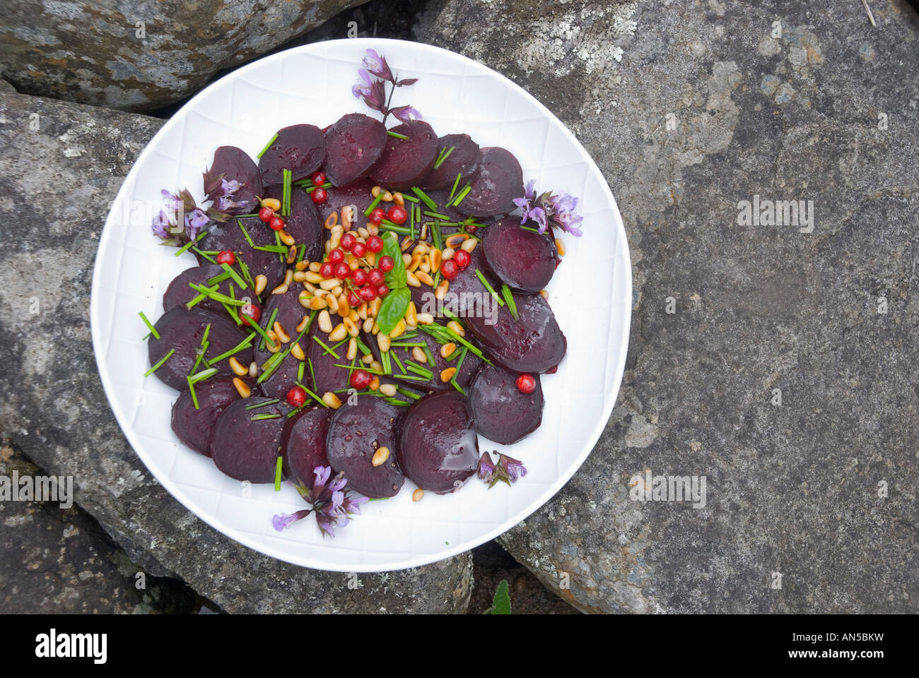 A beetroot salad garnished with basil pine nuts redcurrants and sage flowers Stock Photo