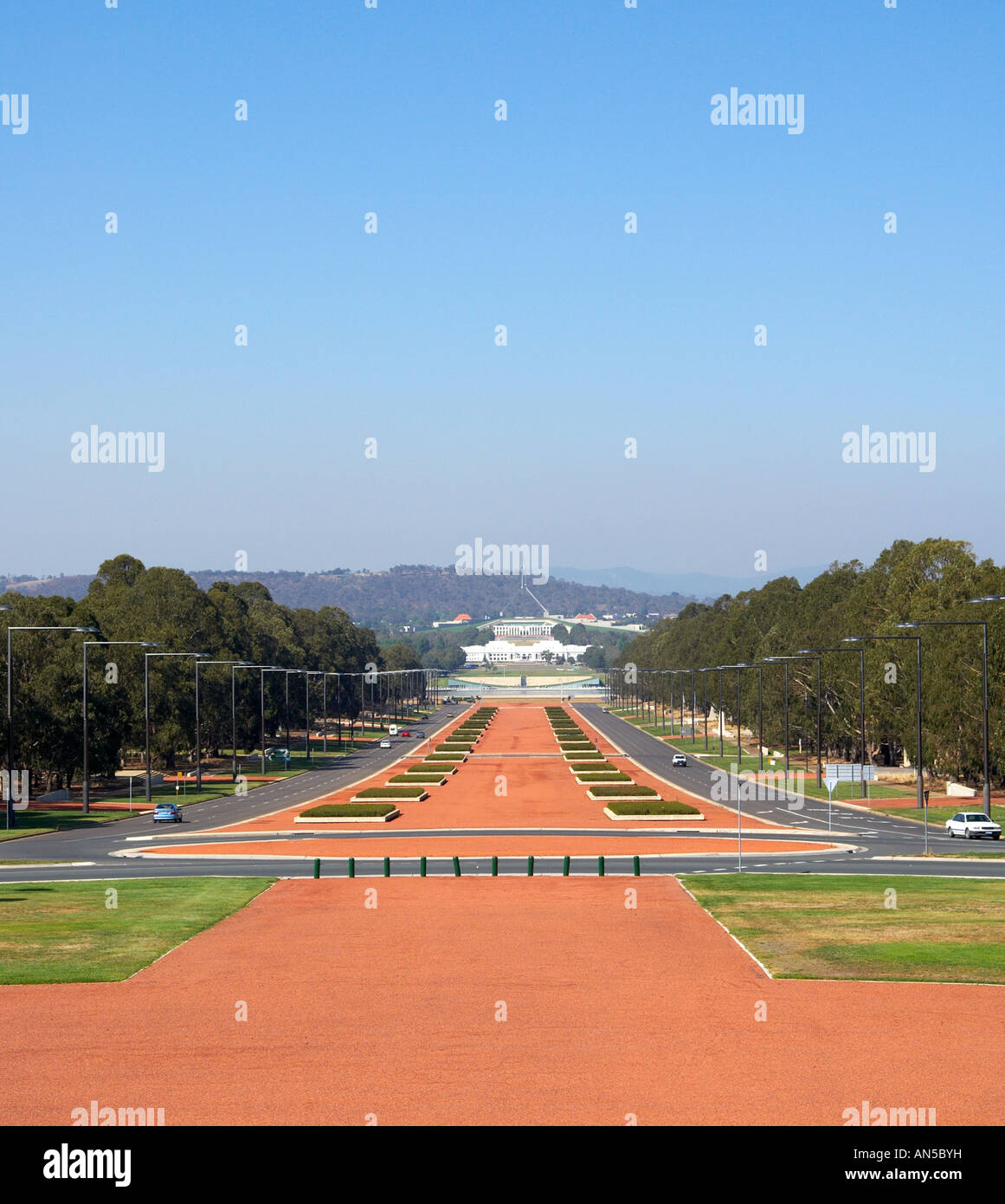 Looking down ANZAC parade towards parliament in Canberra Australia ...