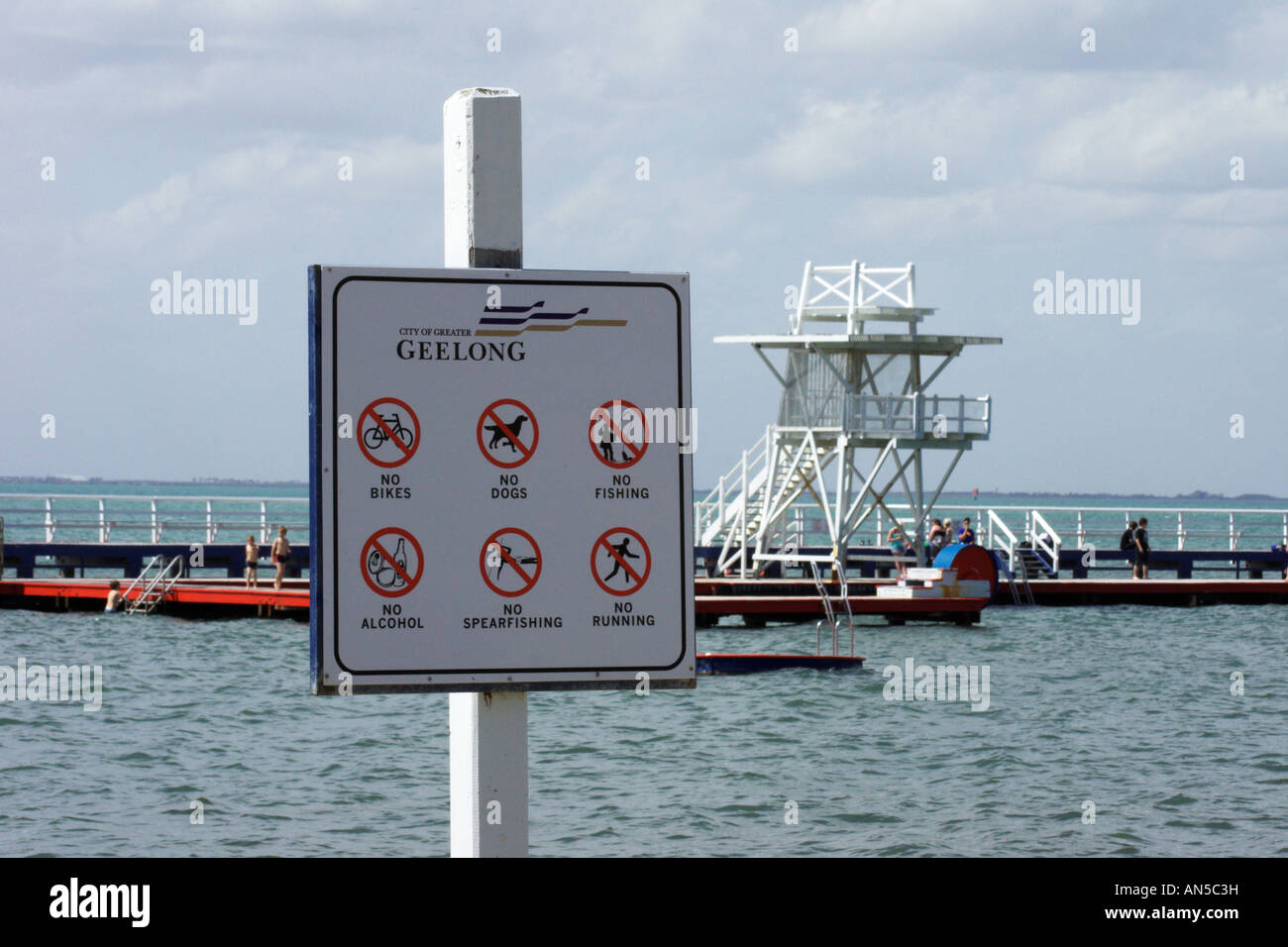 A sign showing rules and regulations at Geelong sea baths Stock Photo