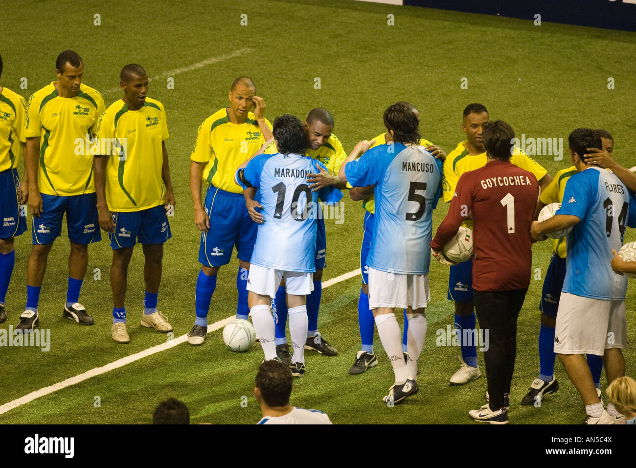 Argentina and Brazil showbol football soccer teams in a match played in the Luna Park stadium. Maradona at the begining. Stock Photo