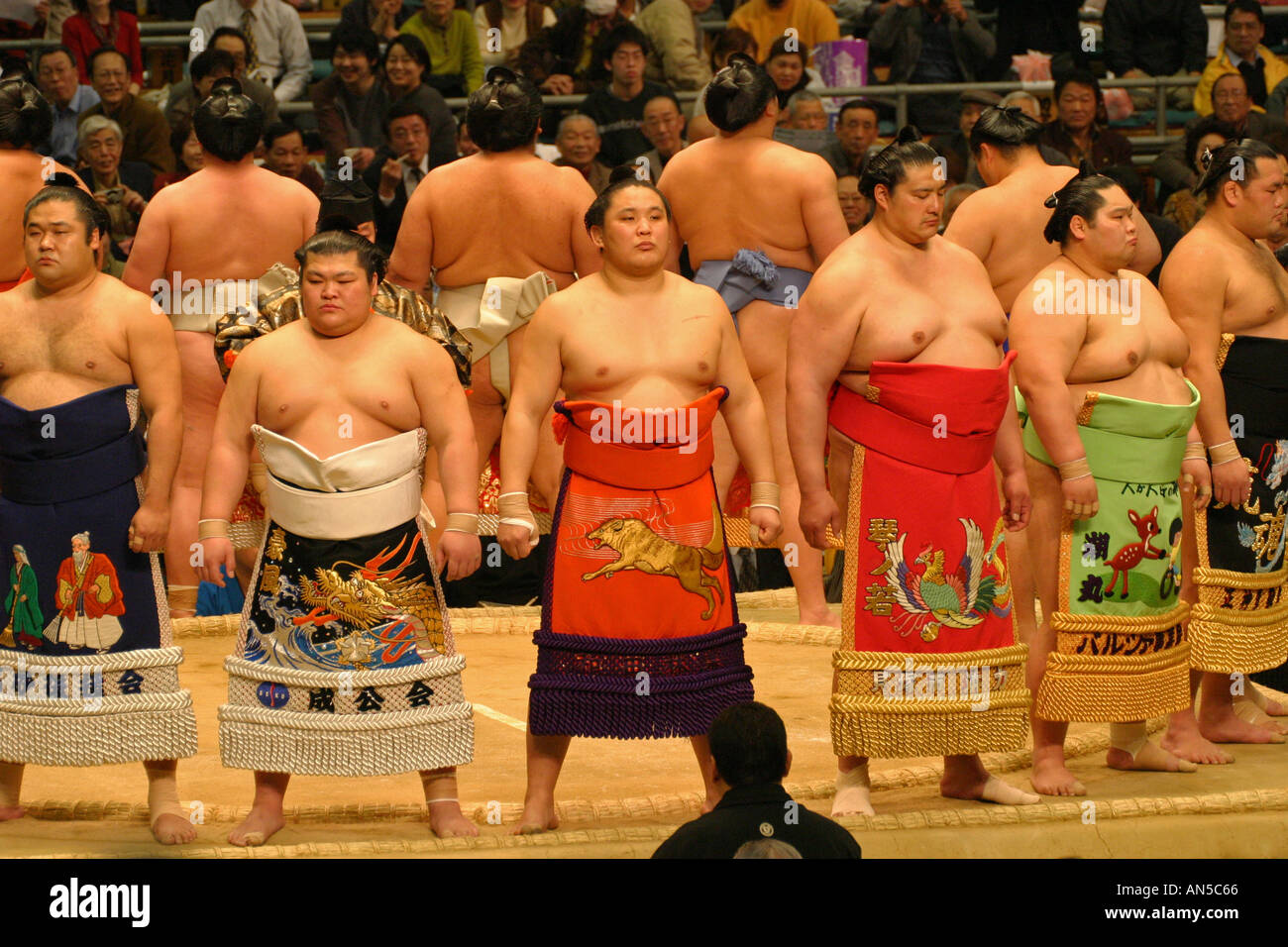 Sumo wrestlers in traditional colourful ceremonial costumes attend the pre fight ritual, Osaka Kansai Japan Asia Stock Photo