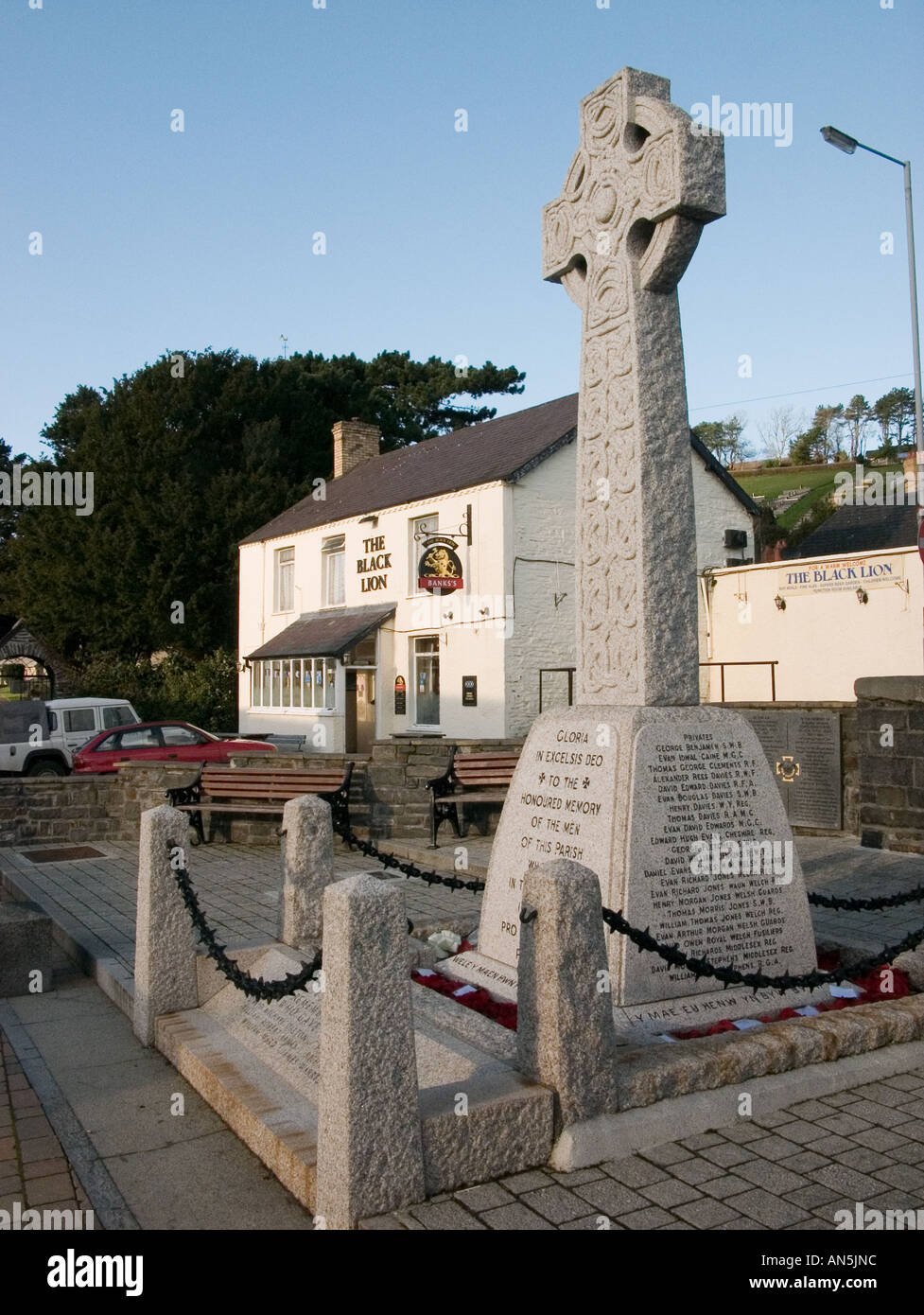 War memorial and Black Lion pub, village square, Llanbadarn Fawr , Aberystwyth Ceredigion Wales UK Stock Photo