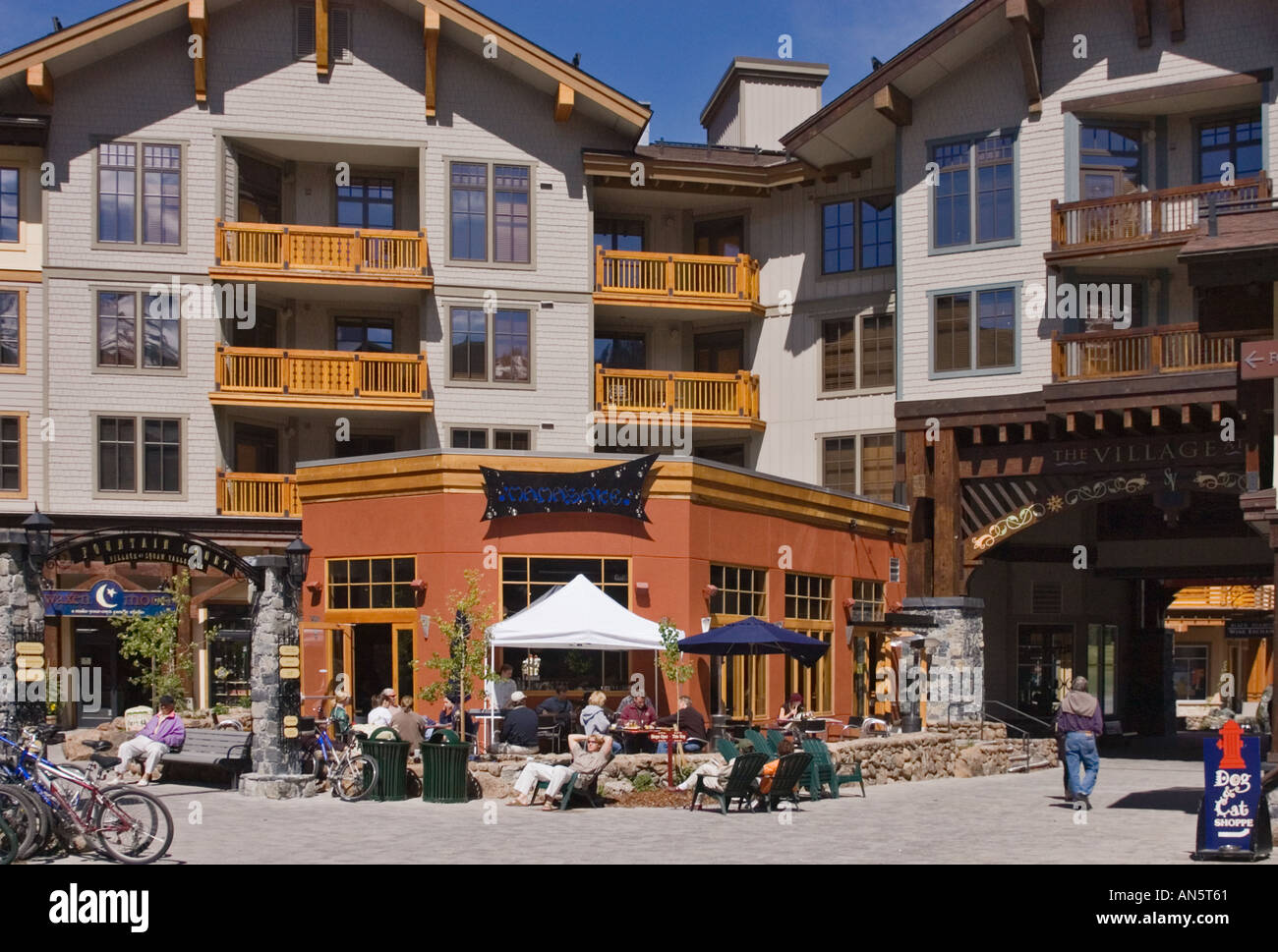 shops outdoor restaurant at Olympic Village in Squaw Valley Tahoe