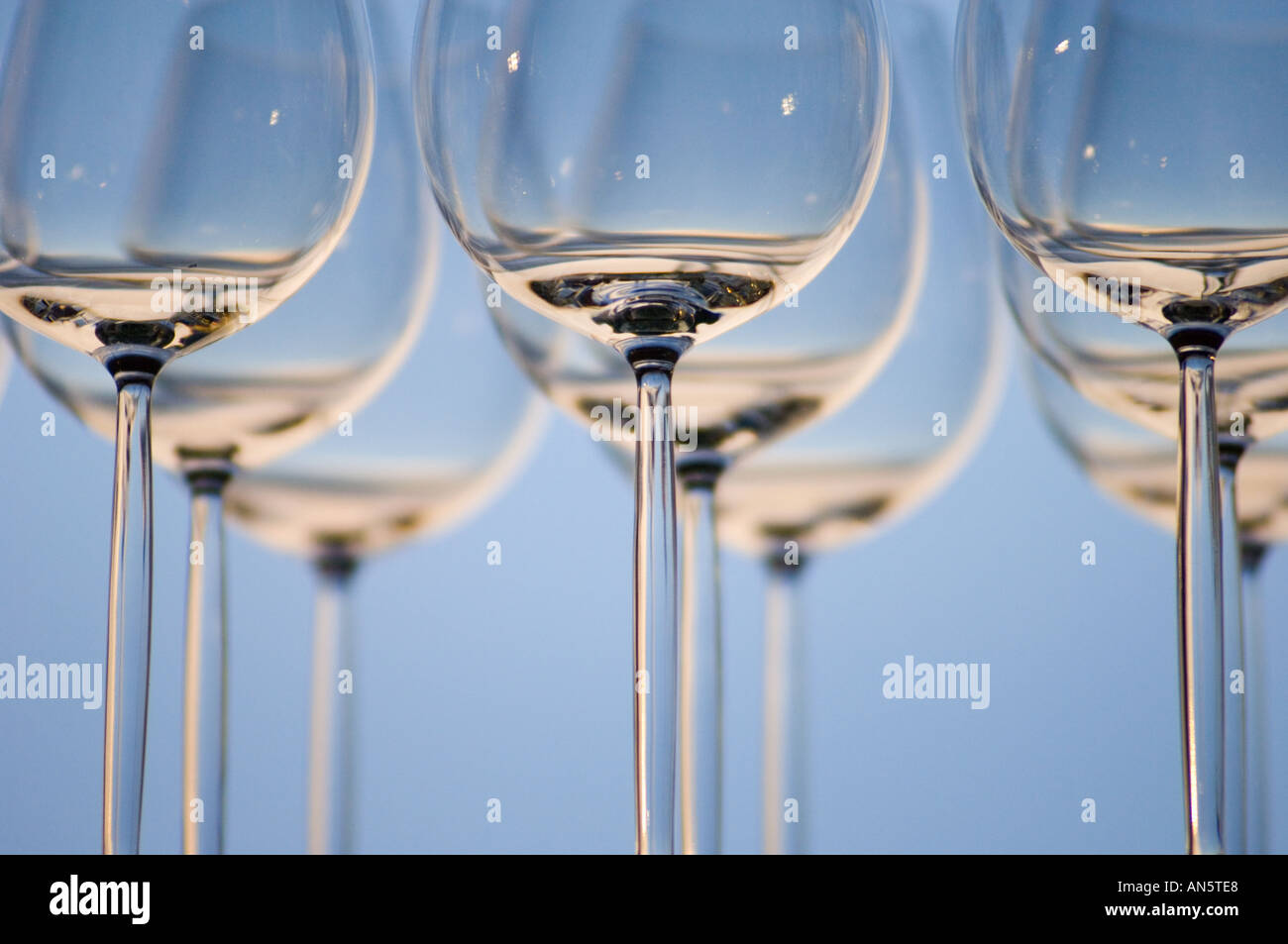 Wine glasses against blue sky Alyeska Resort Anchorage Alaska  Stock Photo