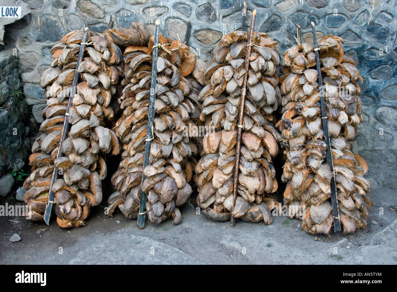 Drying Coconut Husk for Fuel Tenganan Aga Village Bali Indonesia Stock Photo